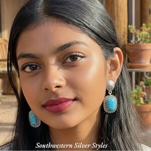 Running Bear Navajo Sterling Silver Turquoise Concho Post Drop Earrings